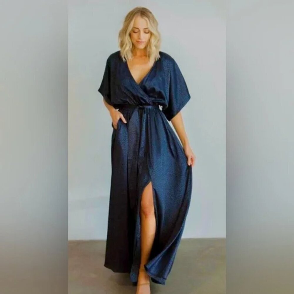 Baltic Born Savannah Kimono Maxi Dress Women Small Blue Leopard Print Sash Boho